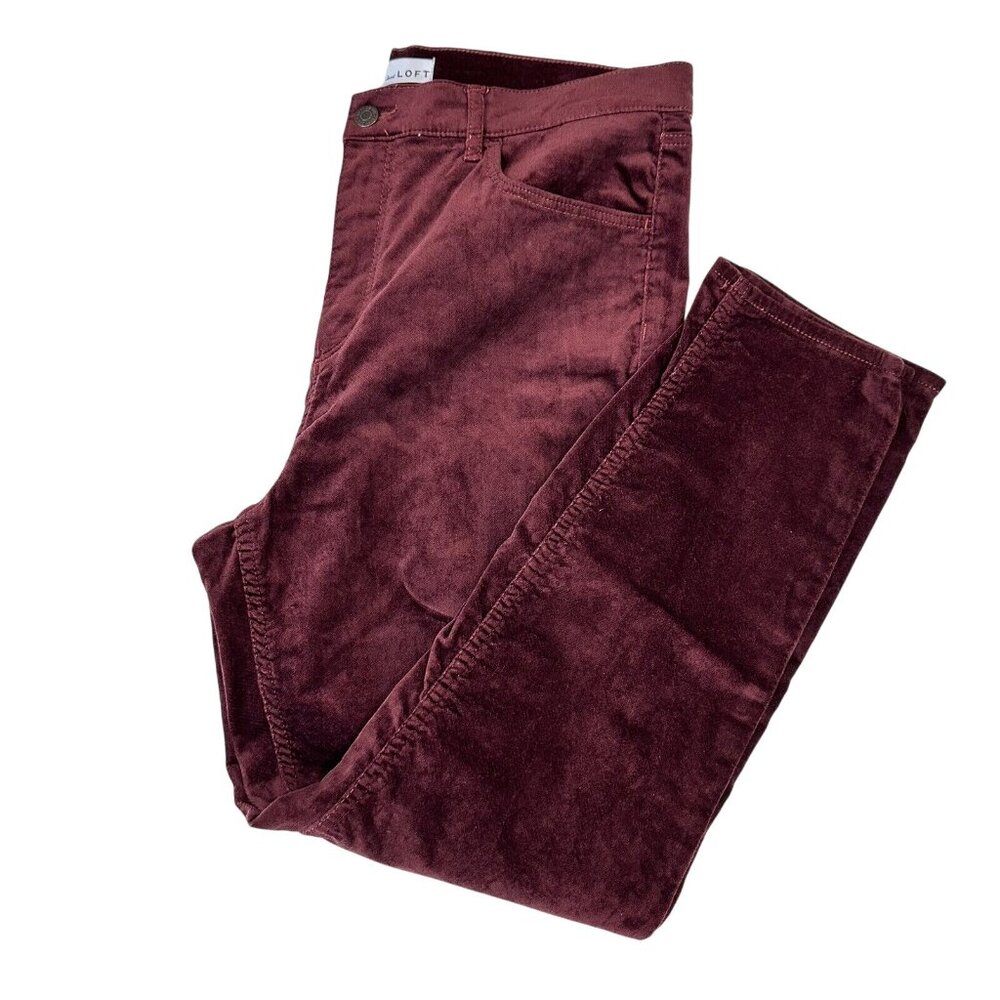 LOFT Red Maroon Burgundy Velvet Pant Women SZ 14/32 Petite-Modern Skinny - Picture 12 of 16